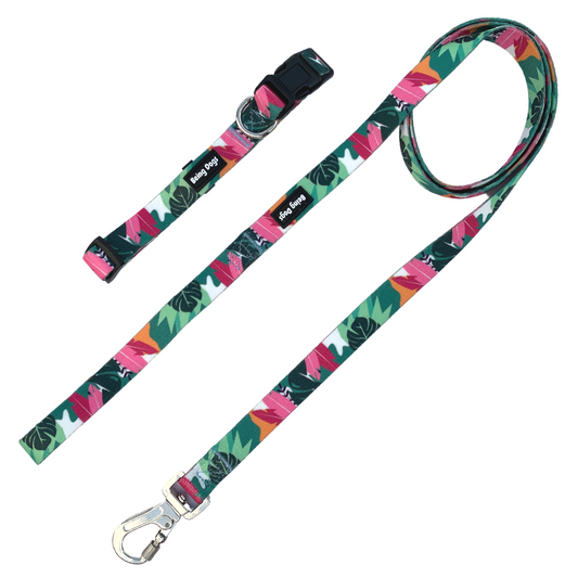 Tropical Print Dog Leash With Metal Hook & Collar Combo