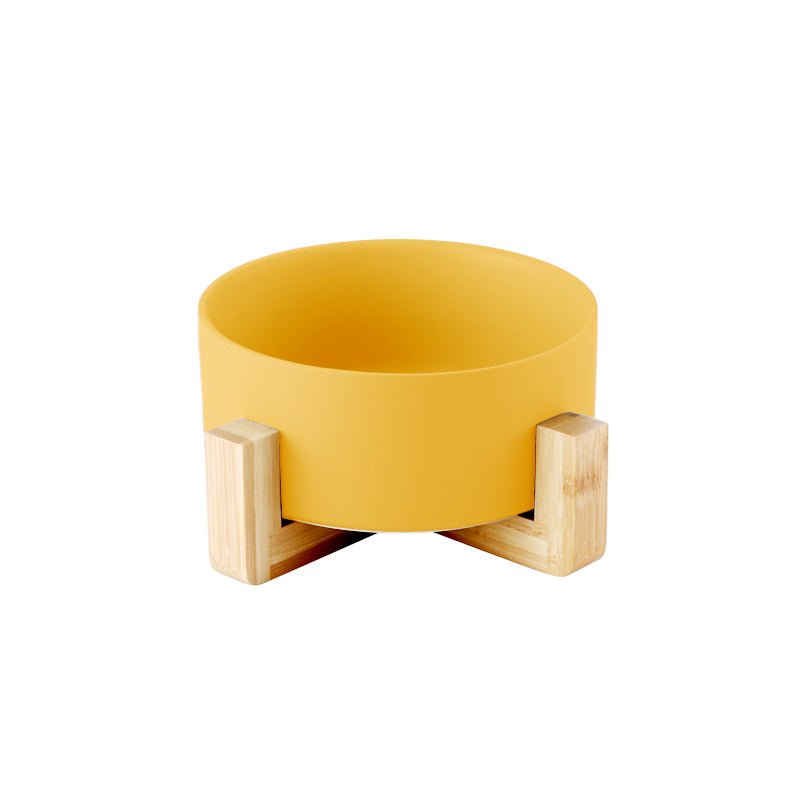 Matte Yellow Ceramic Dog Bowl With Wooden Stand
