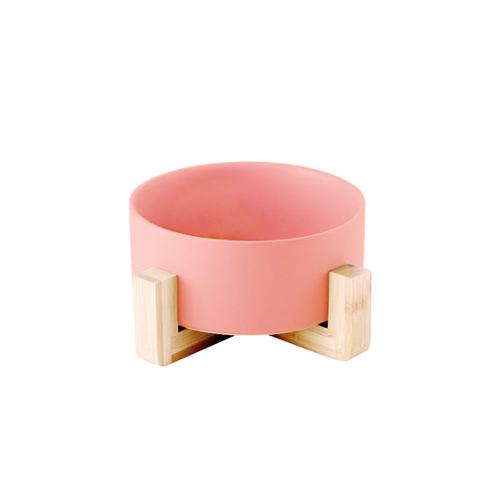 Matte Pink Ceramic Dog Bowl With Wooden Stand