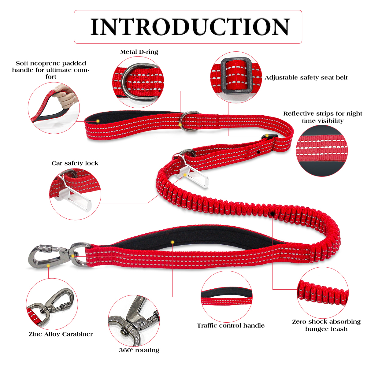 Premium Dog Car Adjustable Safety Seat Belt & Dog Leash, Nylon Elastic, Padded Handle Bungee, With Metal Hook & Buckle (Red), 1 Piece