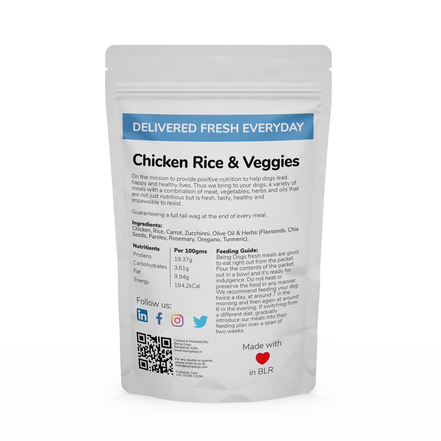 Chicken Rice & Veggies Meal For Dogs (Single Packet), Customised, Made Fresh Daily, Zero Preservatives, High In Protein