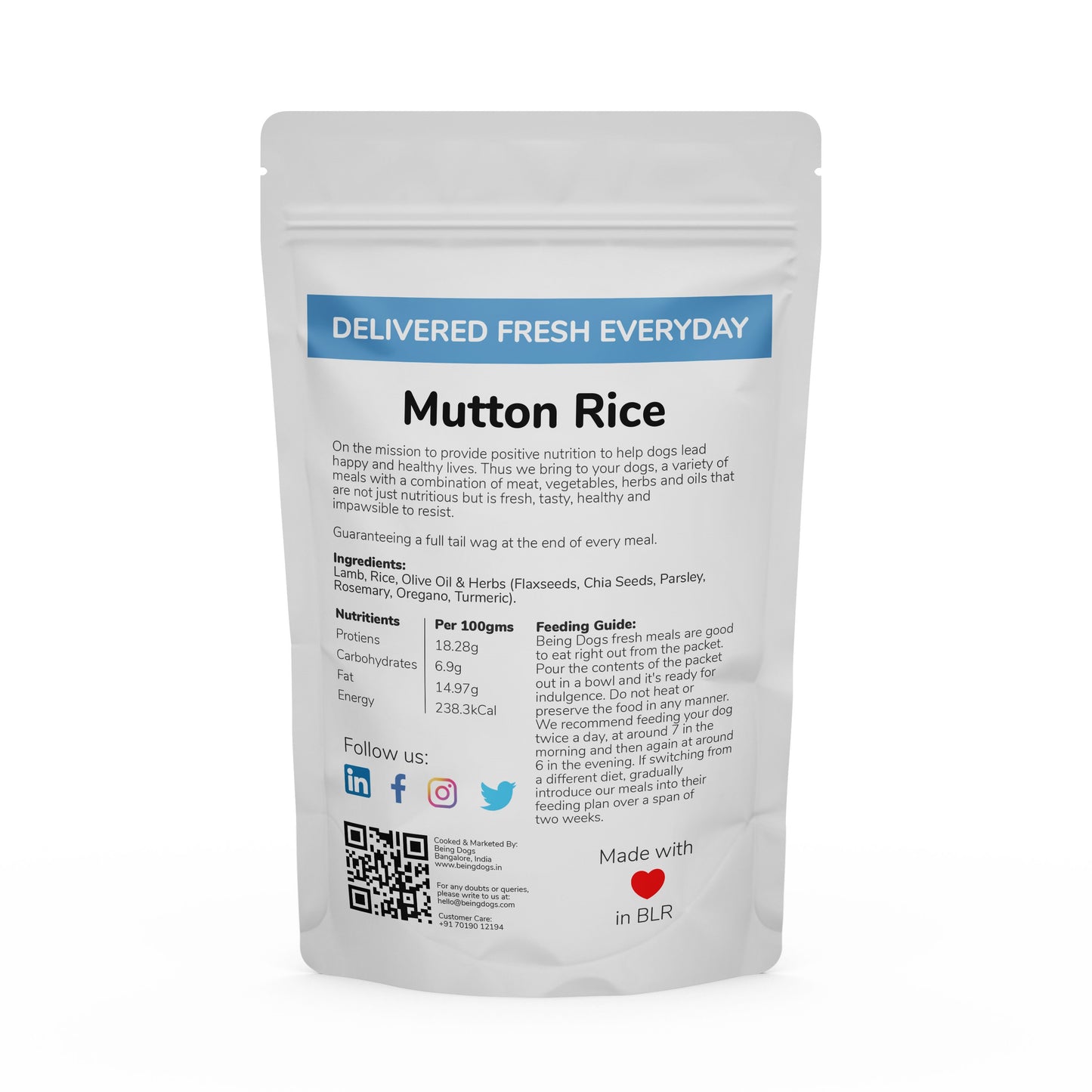 Mutton Rice Meal For Dogs (Single Packet), Customised, Made Fresh Daily, Zero Preservatives, High In Protein