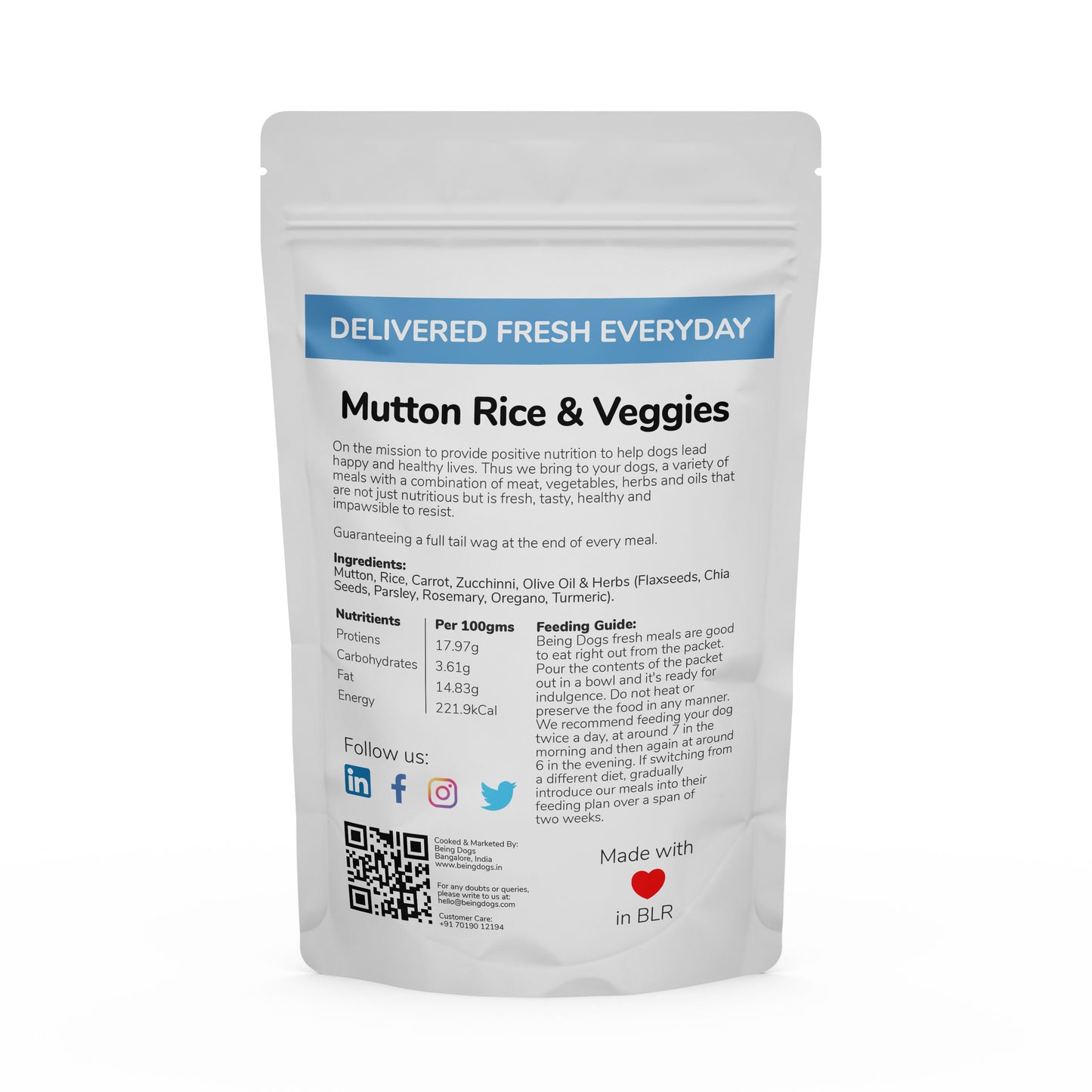 Mutton Rice & Veggies Meal For Dogs (Single Packet), Customised, Made Fresh Daily, Zero Preservatives, High In Protein