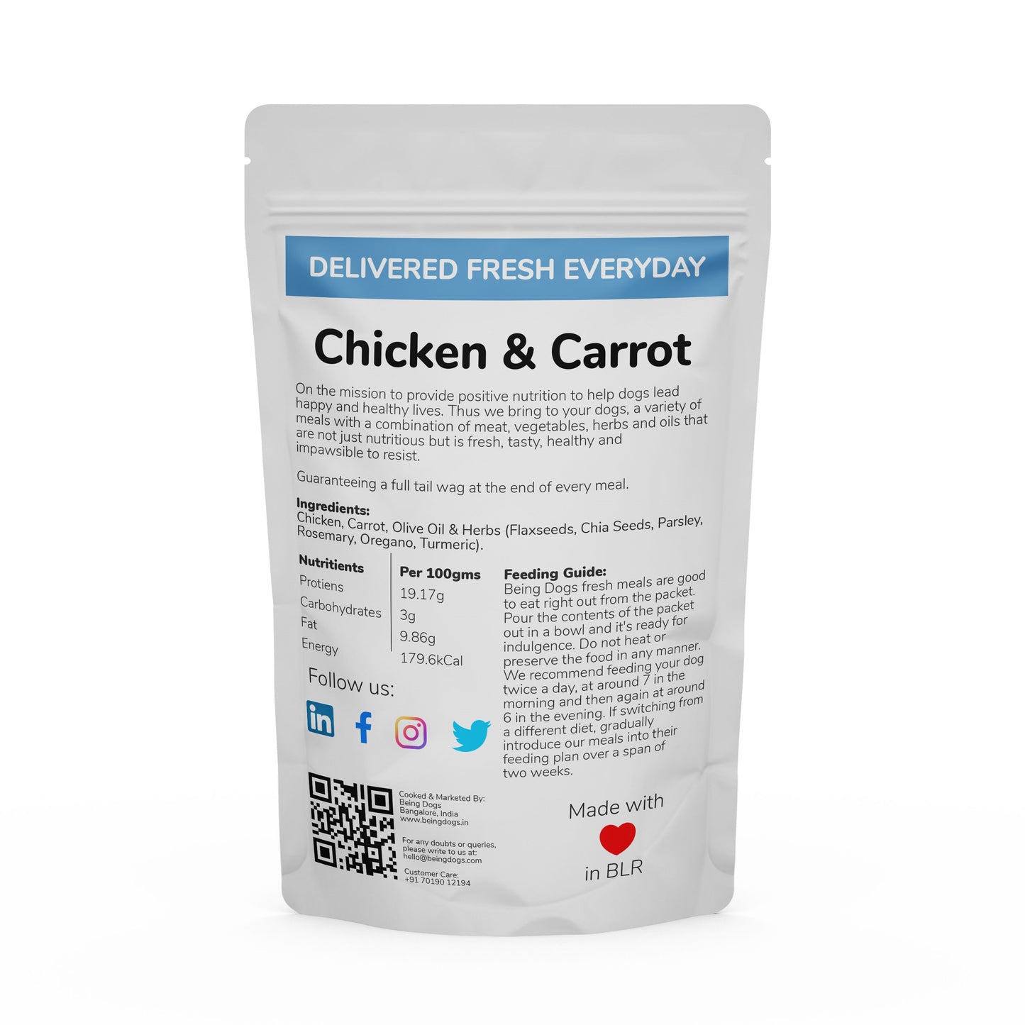 Chicken & Carrot Meal For Dogs (Single Packet), Customised, Made Fresh Daily, Zero Preservatives, High In Protein