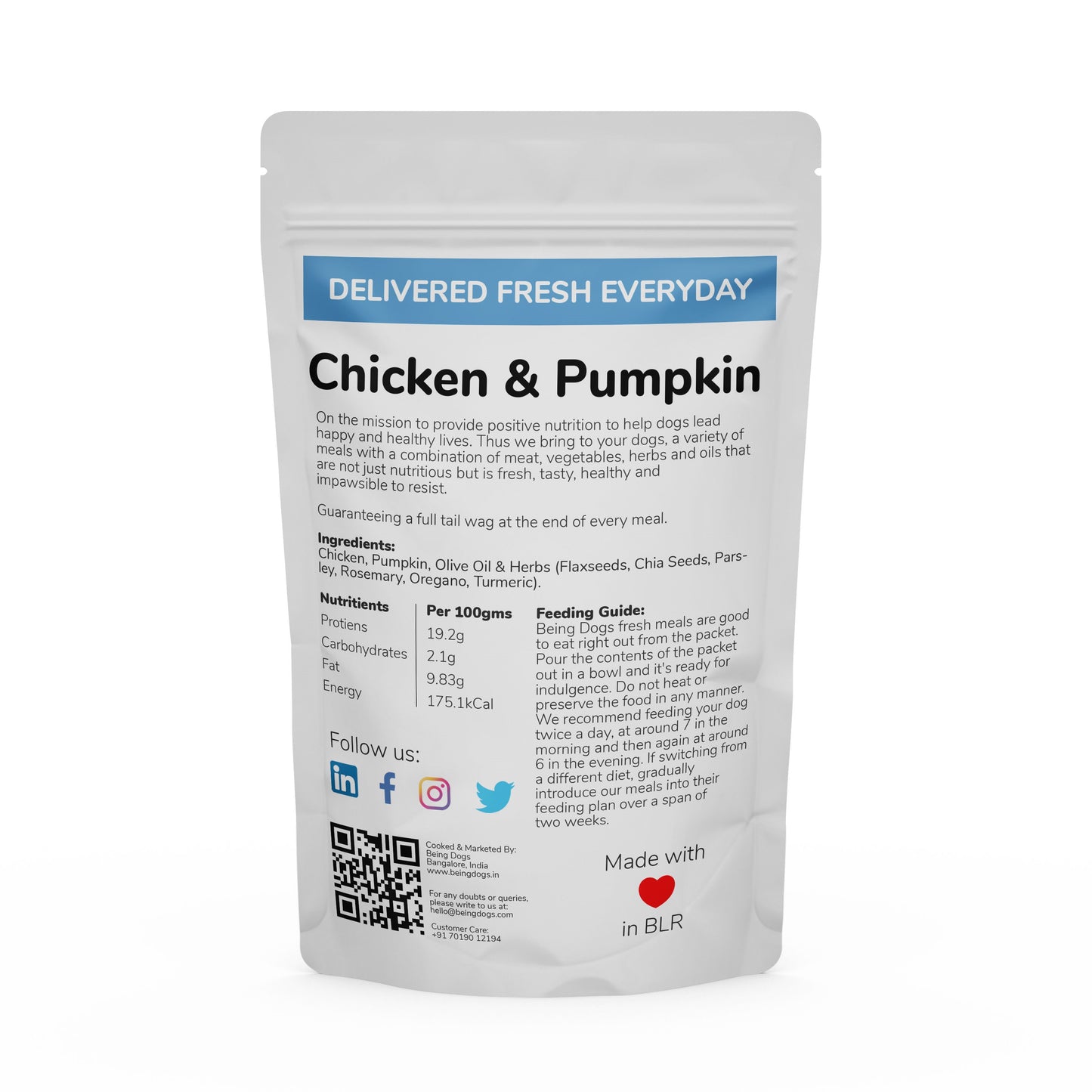 Chicken & Pumpkin Meal For Dogs (Single Packet), Customised, Made Fresh Daily, Zero Preservatives, High In Protein