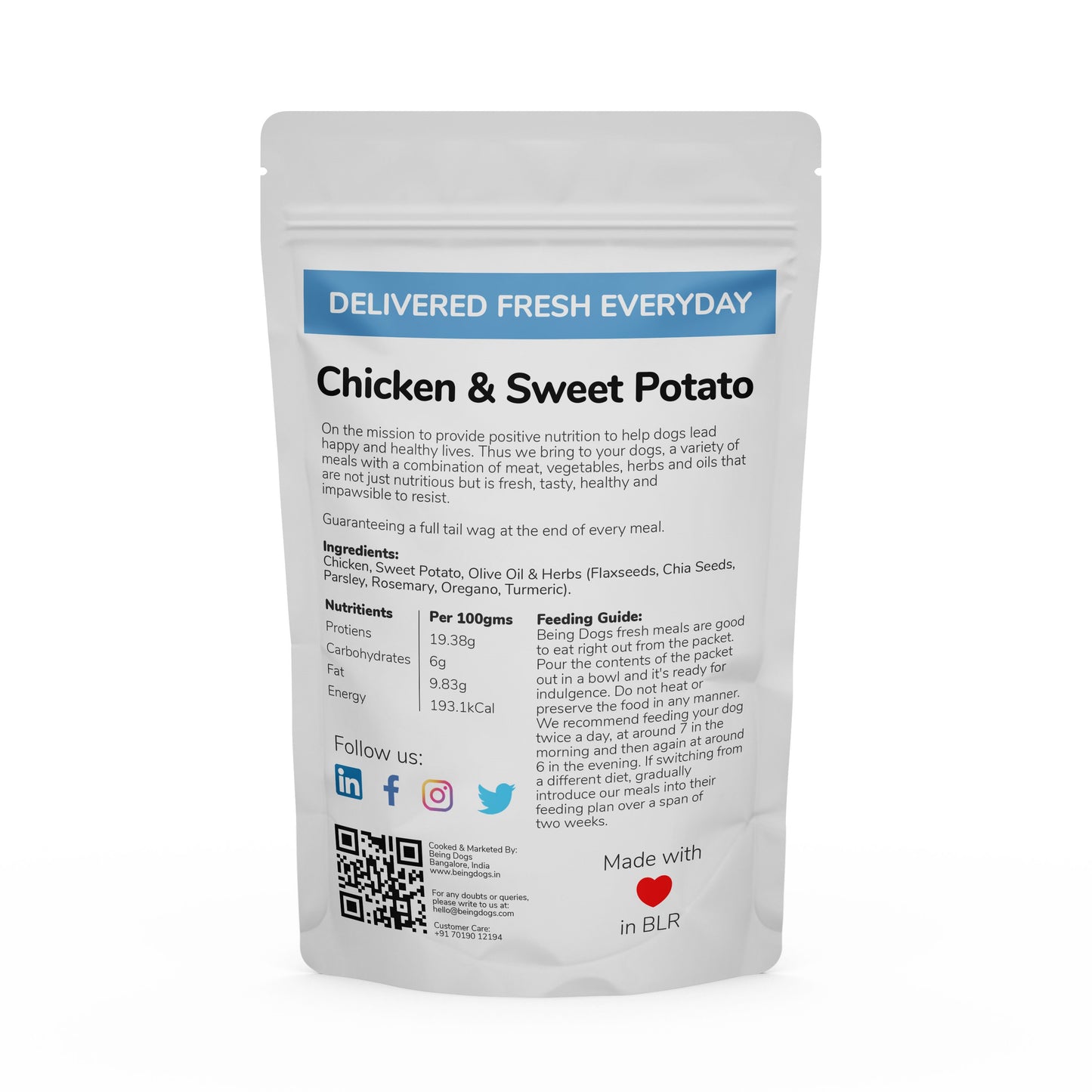 Chicken & Sweet Potato Meal For Dogs (Single Packet), Customised, Made Fresh Daily, Zero Preservatives, High In Protein