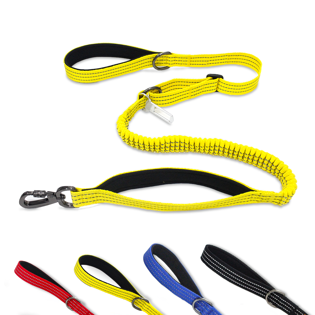 Premium Dog Car Adjustable Safety Seat Belt & Dog Leash, Nylon Elastic, Padded Handle Bungee, With Metal Hook & Buckle (Yellow), 1 Piece